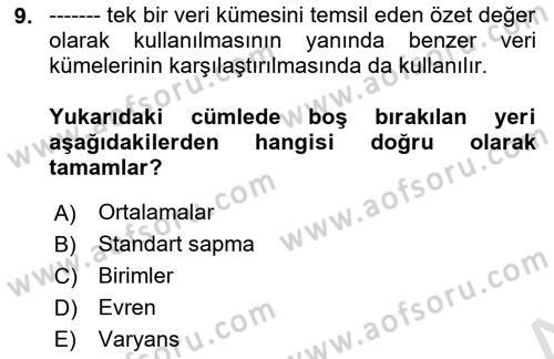 İstatistik 1 Dersi 2023 - 2024 Yılı Yaz Okulu Sınav Soruları 9. Soru