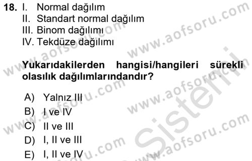 İstatistik 1 Dersi 2024 - 2025 Yılı (Final) Dönem Sonu Sınav Soruları 18. Soru