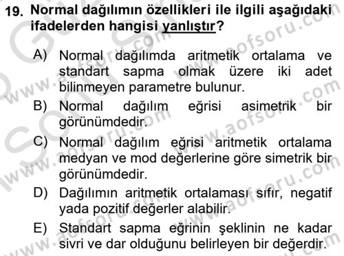 İstatistik 1 Dersi 2024 - 2025 Yılı (Final) Dönem Sonu Sınav Soruları 19. Soru