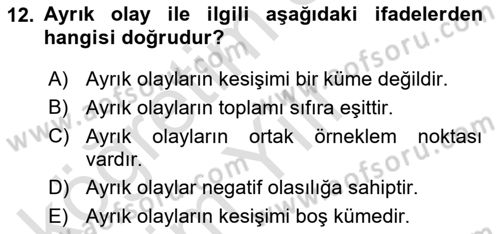 İstatistik 1 Dersi 2024 - 2025 Yılı Yaz Okulu Sınav Soruları 12. Soru