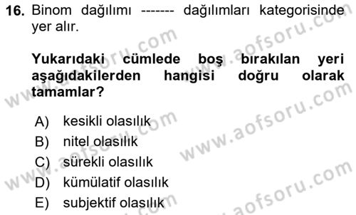 İstatistik 1 Dersi 2024 - 2025 Yılı Yaz Okulu Sınav Soruları 16. Soru