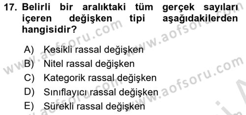 İstatistik 1 Dersi 2024 - 2025 Yılı Yaz Okulu Sınav Soruları 17. Soru