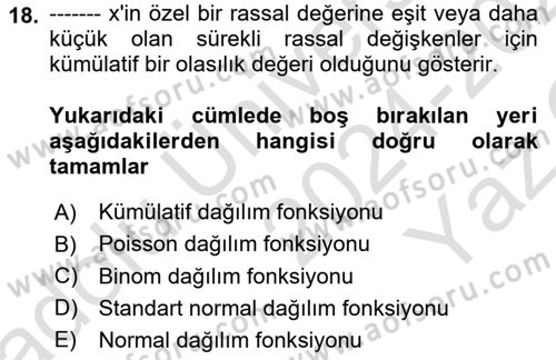 İstatistik 1 Dersi 2024 - 2025 Yılı Yaz Okulu Sınav Soruları 18. Soru
