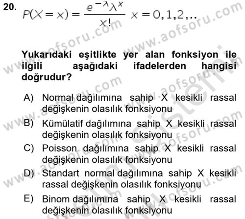 İstatistik 1 Dersi 2024 - 2025 Yılı Yaz Okulu Sınav Soruları 20. Soru