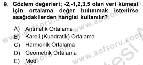 İstatistik 1 Dersi 2024 - 2025 Yılı Yaz Okulu Sınav Soruları 9. Soru