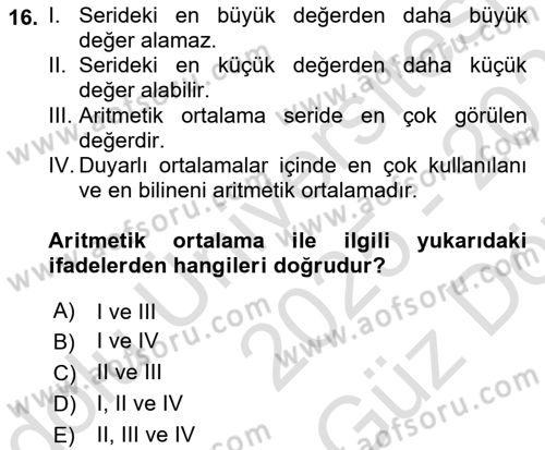 İstatistik 1 Dersi 2025 - 2026 Yılı (Vize) Ara Sınav Soruları 16. Soru