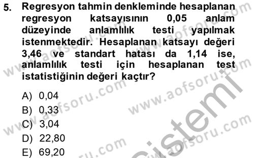 İstatistik 2 Dersi 2013 - 2014 Yılı (Final) Dönem Sonu Sınav Soruları 5. Soru