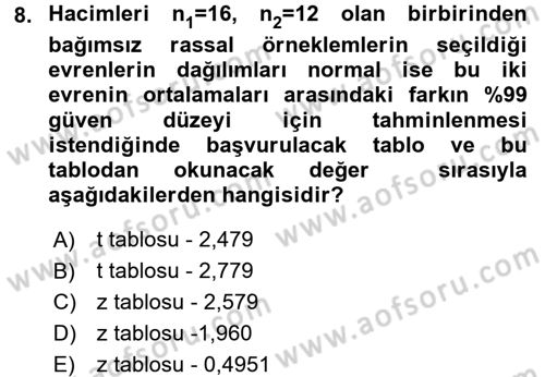İstatistik 2 Dersi 2017 - 2018 Yılı (Vize) Ara Sınav Soruları 8. Soru