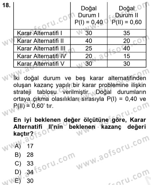İstatistik 2 Dersi 2018 - 2019 Yılı (Final) Dönem Sonu Sınav Soruları 18. Soru