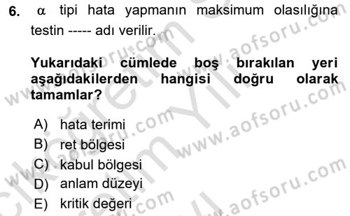 İstatistik 2 Dersi 2020 - 2021 Yılı Yaz Okulu Sınav Soruları 6. Soru