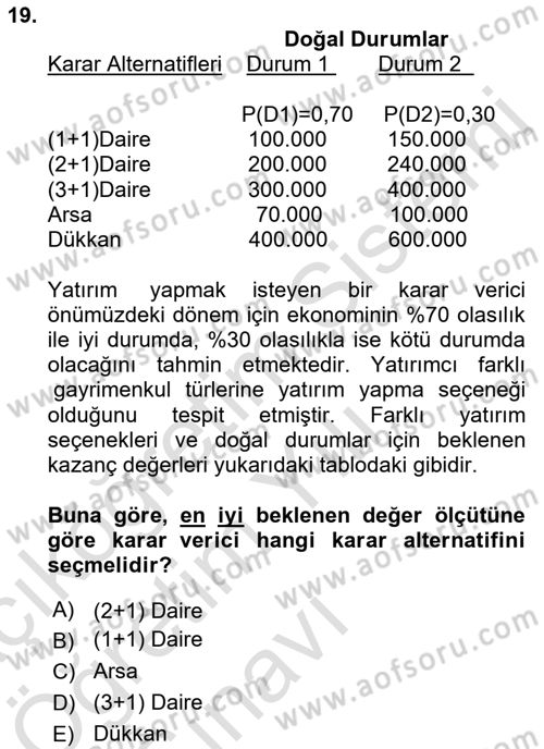 İstatistik 2 Dersi 2021 - 2022 Yılı Yaz Okulu Sınav Soruları 19. Soru