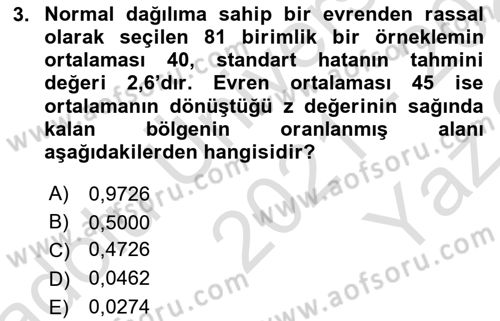 İstatistik 2 Dersi 2021 - 2022 Yılı Yaz Okulu Sınav Soruları 3. Soru