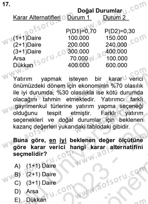 İstatistik 2 Dersi 2023 - 2024 Yılı (Final) Dönem Sonu Sınav Soruları 17. Soru