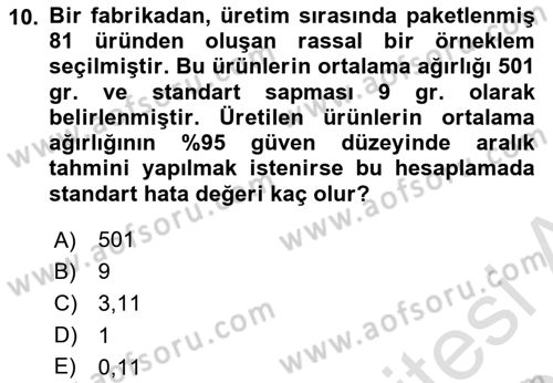 İstatistik 2 Dersi 2024 - 2025 Yılı (Vize) Ara Sınav Soruları 10. Soru