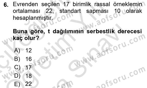 İstatistik 2 Dersi 2024 - 2025 Yılı (Vize) Ara Sınav Soruları 6. Soru