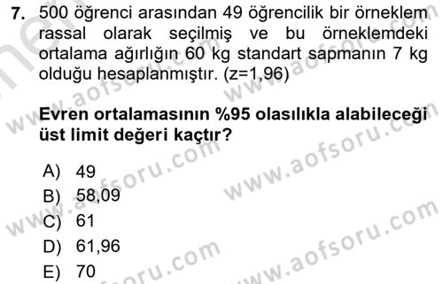 İstatistik 2 Dersi 2024 - 2025 Yılı (Vize) Ara Sınav Soruları 7. Soru