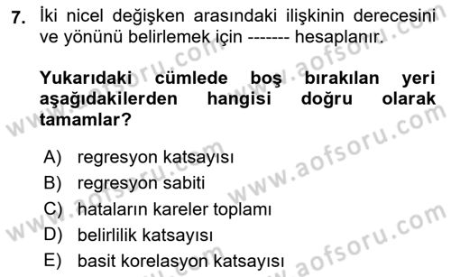 İstatistik 2 Dersi 2024 - 2025 Yılı (Final) Dönem Sonu Sınav Soruları 7. Soru