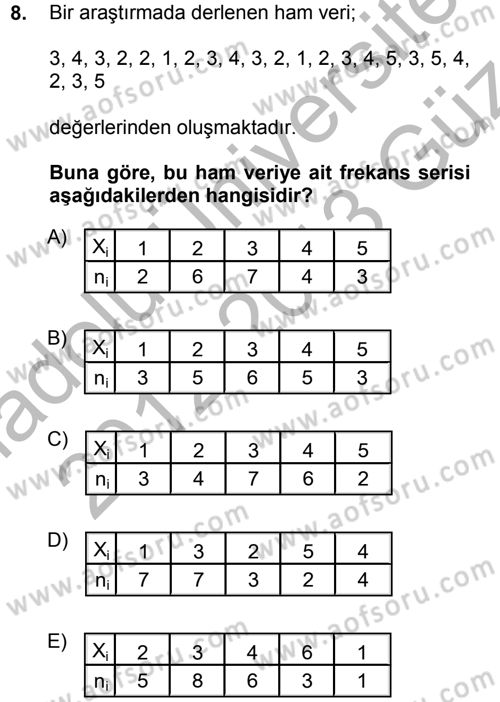 İstatistik Dersi Ara Sınavı Deneme Sınav Soruları 8. Soru