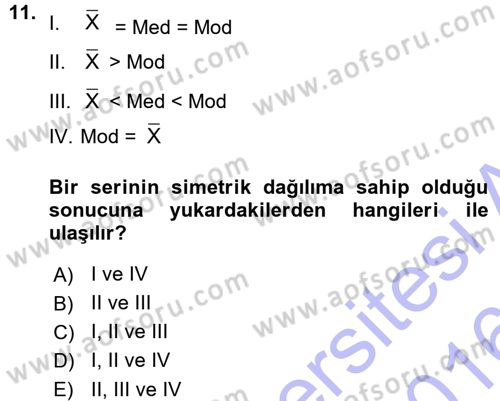 İstatistik Dersi Ara Sınavı Deneme Sınav Soruları 11. Soru