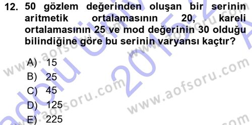 İstatistik Dersi Ara Sınavı Deneme Sınav Soruları 12. Soru