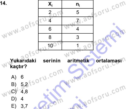 İstatistik Dersi 2015 - 2016 Yılı (Vize) Ara Sınav Soruları 14. Soru