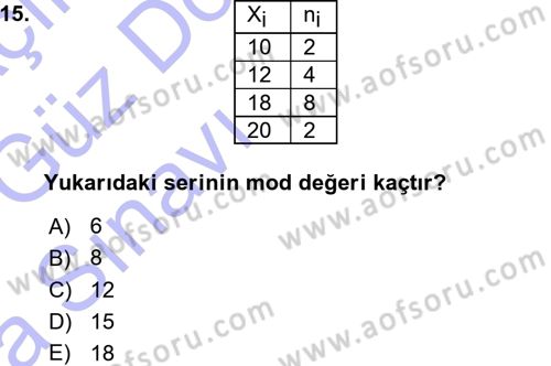 İstatistik Dersi Ara Sınavı Deneme Sınav Soruları 15. Soru