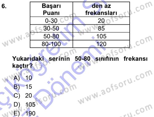 İstatistik Dersi Ara Sınavı Deneme Sınav Soruları 6. Soru