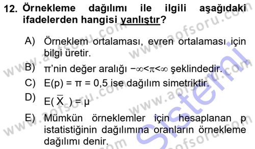 İstatistik Dersi 2015 - 2016 Yılı (Final) Dönem Sonu Sınav Soruları 12. Soru