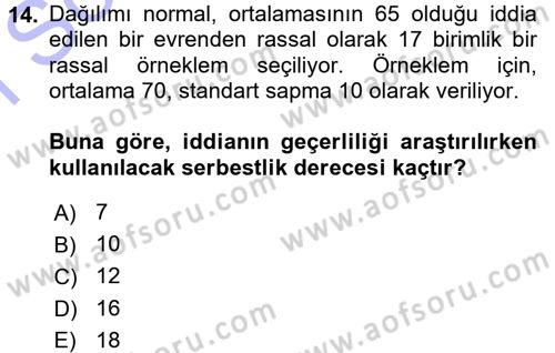 İstatistik Dersi 2015 - 2016 Yılı (Final) Dönem Sonu Sınav Soruları 14. Soru