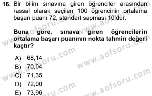 İstatistik Dersi 2015 - 2016 Yılı (Final) Dönem Sonu Sınav Soruları 16. Soru