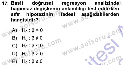 İstatistik Dersi 2015 - 2016 Yılı (Final) Dönem Sonu Sınav Soruları 17. Soru