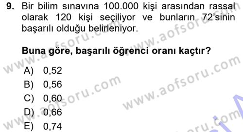 İstatistik Dersi 2015 - 2016 Yılı (Final) Dönem Sonu Sınav Soruları 9. Soru