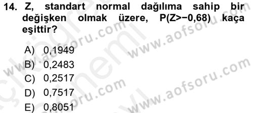 İstatistik Dersi 2015 - 2016 Yılı Tek Ders Sınav Soruları 14. Soru