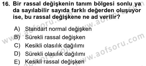 İstatistik Dersi 2015 - 2016 Yılı Tek Ders Sınav Soruları 16. Soru