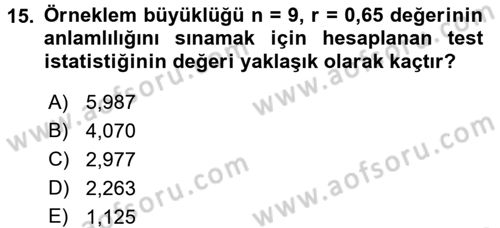 İstatistik Dersi 2016 - 2017 Yılı 3 Ders Sınav Soruları 15. Soru