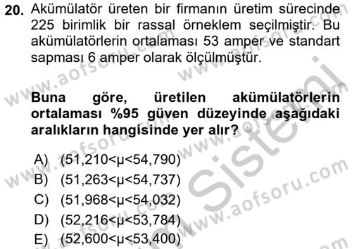 İstatistik Dersi 2016 - 2017 Yılı 3 Ders Sınav Soruları 20. Soru