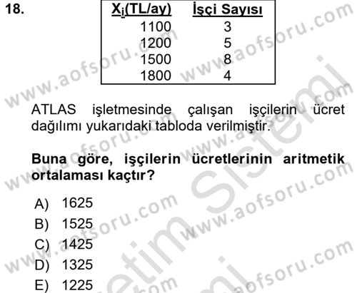 İstatistik Dersi Ara Sınavı Deneme Sınav Soruları 18. Soru