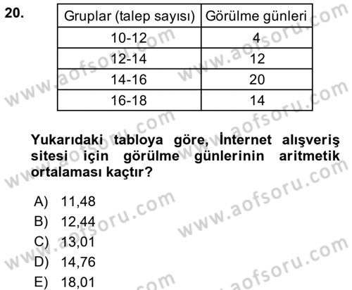 İstatistik Dersi 2016 - 2017 Yılı (Vize) Ara Sınav Soruları 20. Soru