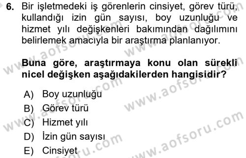 İstatistik Dersi Ara Sınavı Deneme Sınav Soruları 6. Soru