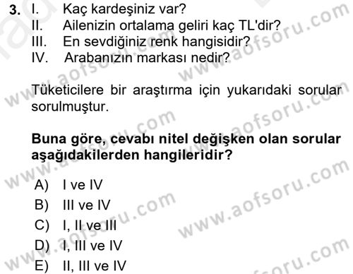 İstatistik Dersi 2016 - 2017 Yılı (Final) Dönem Sonu Sınav Soruları 3. Soru