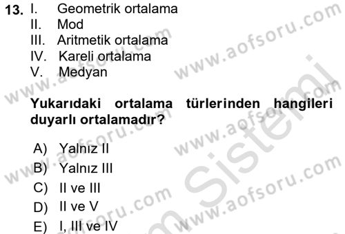 İstatistik Dersi Ara Sınavı Deneme Sınav Soruları 13. Soru