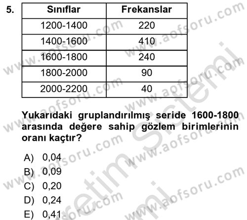 İstatistik Dersi Ara Sınavı Deneme Sınav Soruları 5. Soru