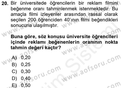 İstatistik Dersi 2017 - 2018 Yılı (Final) Dönem Sonu Sınav Soruları 20. Soru