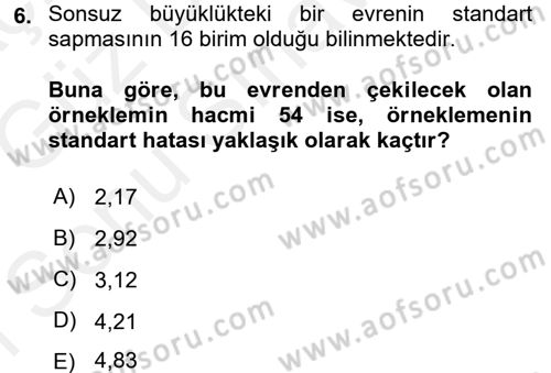 İstatistik Dersi 2017 - 2018 Yılı (Final) Dönem Sonu Sınav Soruları 6. Soru