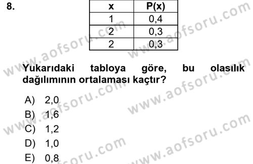 İstatistik Dersi 2017 - 2018 Yılı (Final) Dönem Sonu Sınav Soruları 8. Soru