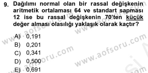 İstatistik Dersi 2017 - 2018 Yılı (Final) Dönem Sonu Sınav Soruları 9. Soru