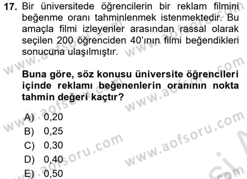 İstatistik Dersi 2018 - 2019 Yılı 3 Ders Sınav Soruları 17. Soru