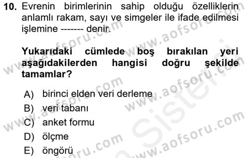 İstatistik Dersi 2018 - 2019 Yılı (Vize) Ara Sınavı 10. Soru