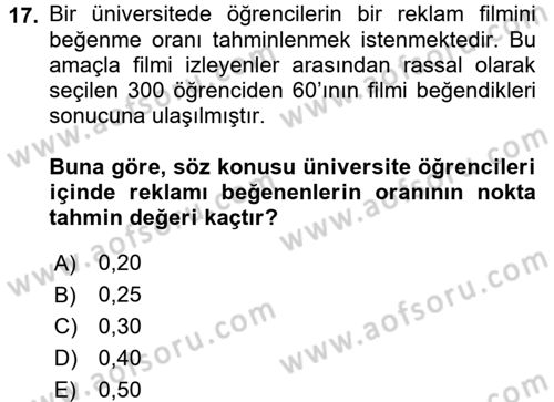 İstatistik Dersi 2018 - 2019 Yılı (Final) Dönem Sonu Sınav Soruları 17. Soru
