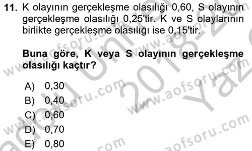 İstatistik Dersi 2018 - 2019 Yılı Yaz Okulu Sınav Soruları 11. Soru